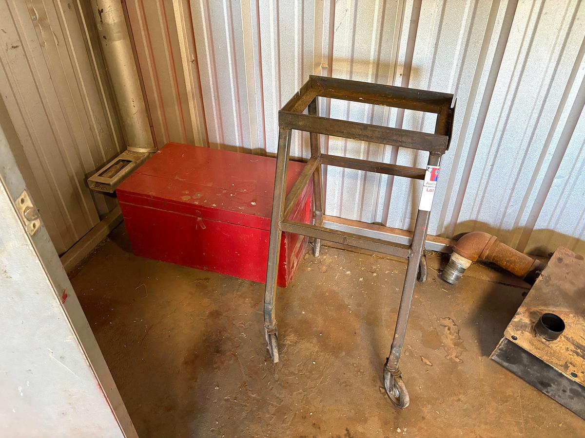 Used Gas bottle dolly, 19” x 12” x 36” rolling cart, 17” x 29” x 16” crate, & 51” x 60” standing rack