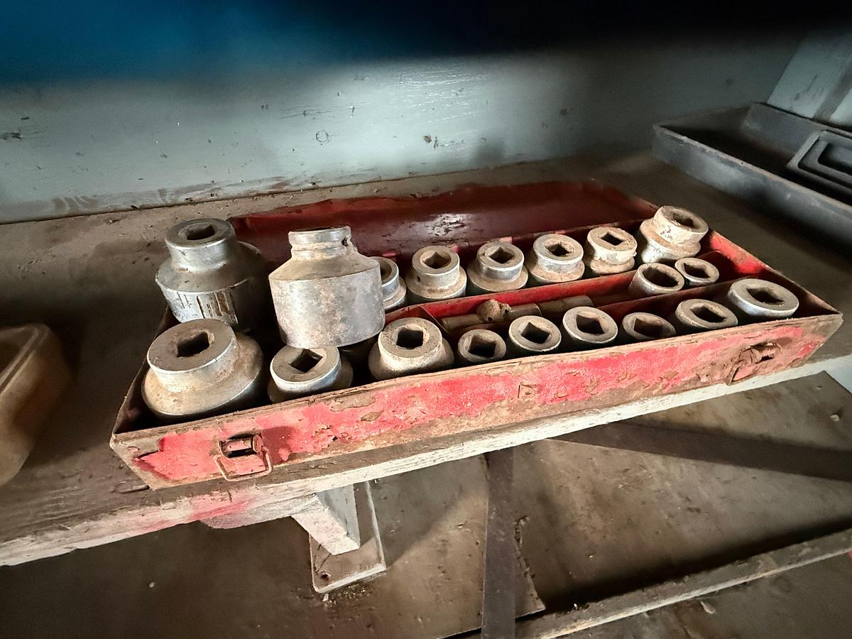 Used CONTENTS OF WORK BENCH AREA, AIR IMPACT WRENCHES, SOCKETS, CREEPER, & RELATED