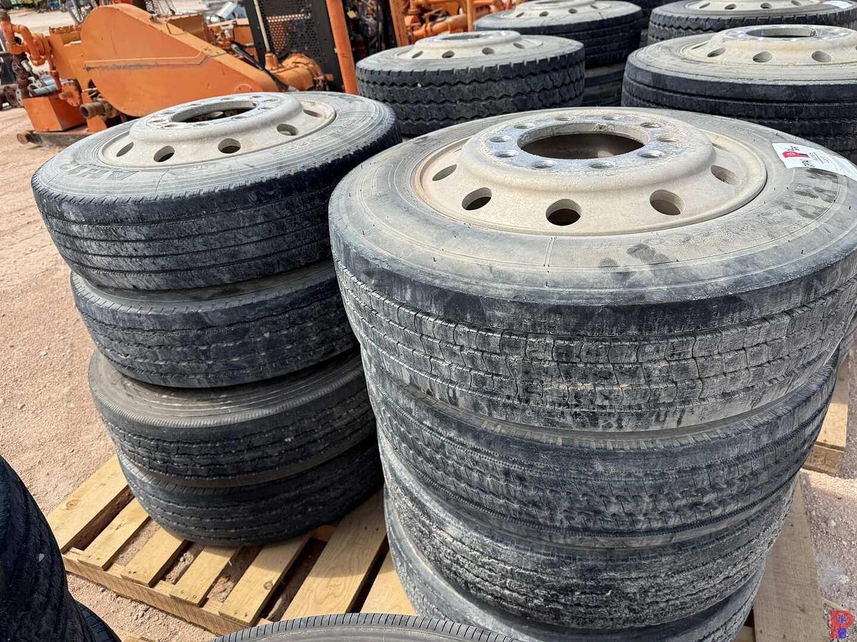 Used (8) 255/70R22.5 TIRES W/ ALUMINUM / STEEL BUD WHEELS