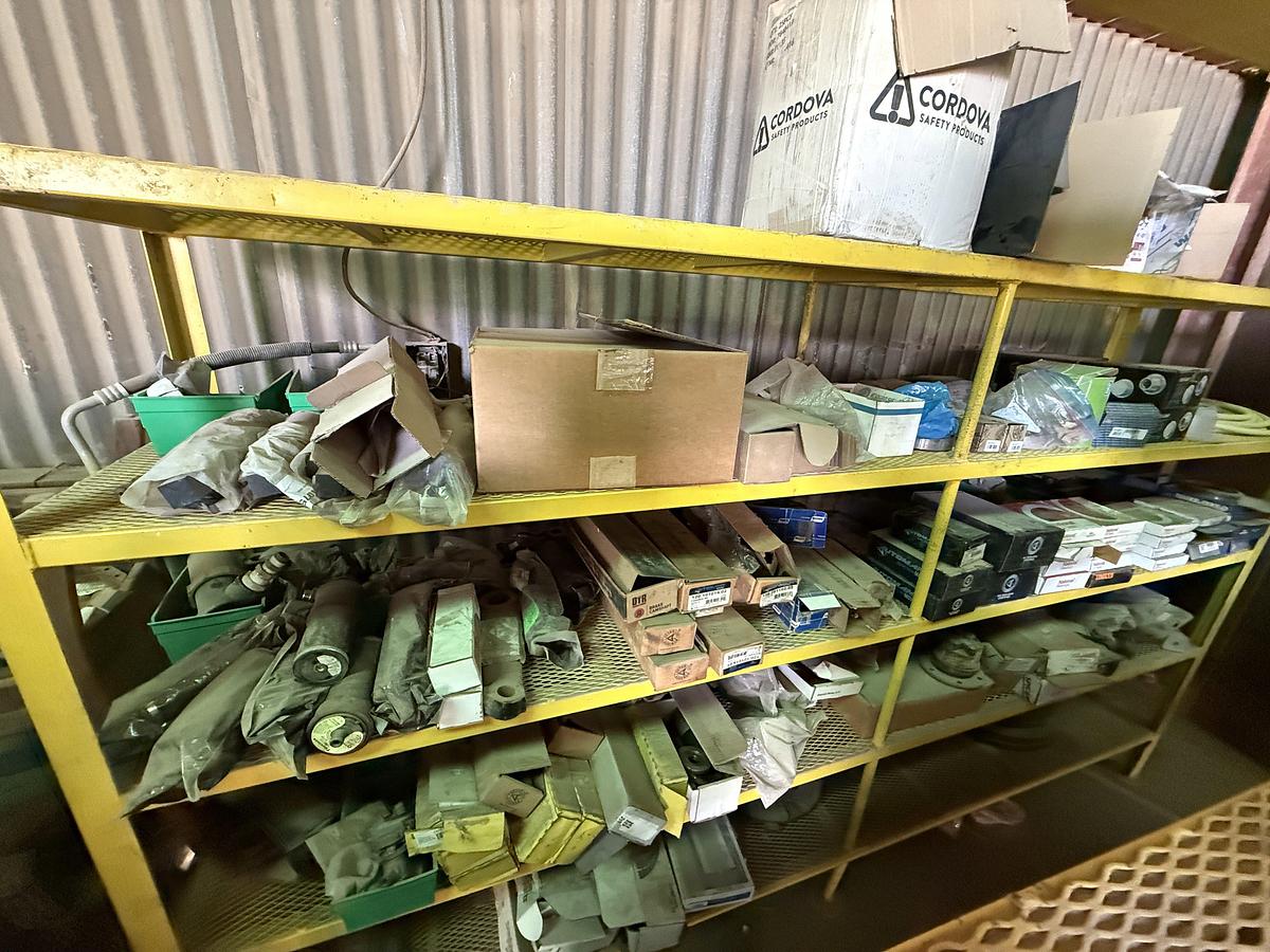 Used (2) 120”L X 24”W X 72”H 5-TIER METAL RACKS W/ TRUCK & ENGINE PARTS CONTENTS