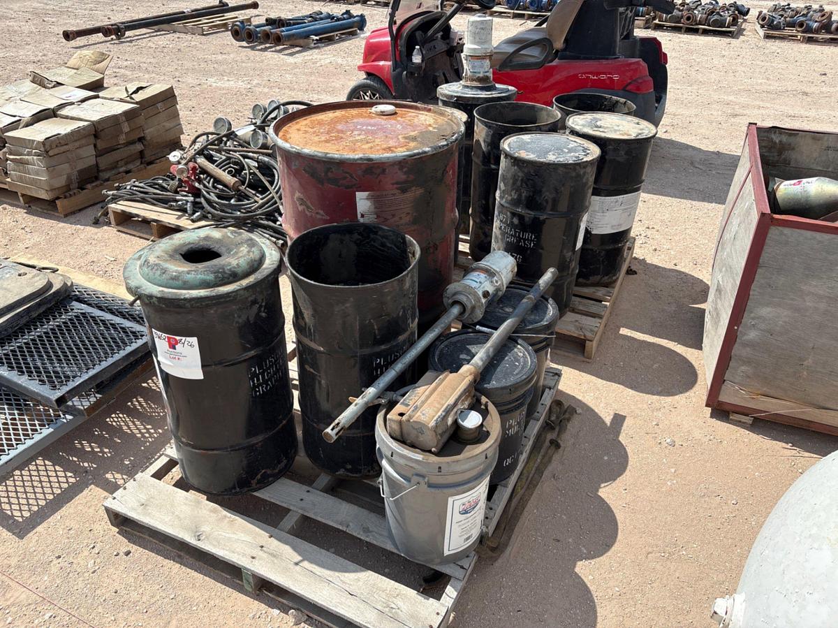 Used (2 pallets) w/ assorted high temp grease drums, pneumatic grease pumps, & gear oil