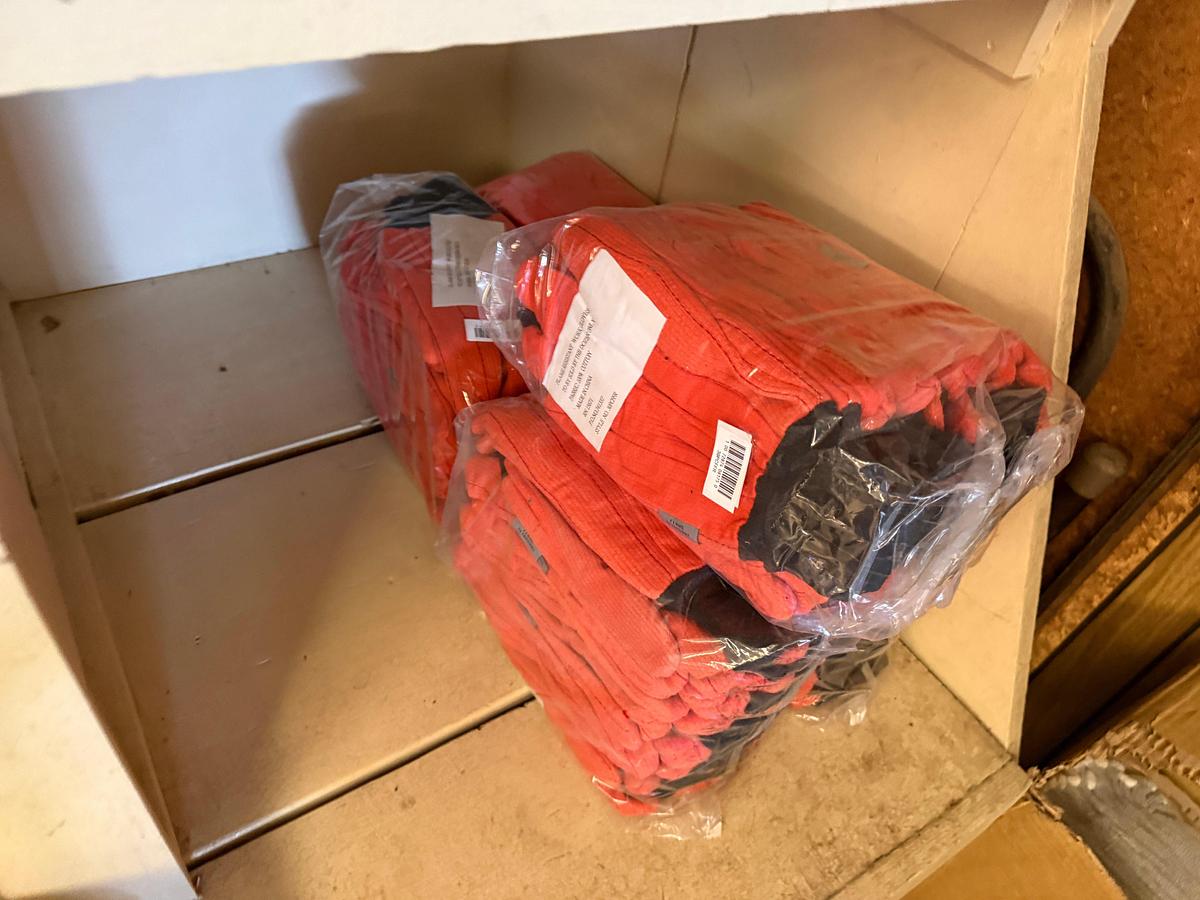 Used WALL SECTION (14) BOXES OF NITRILE GLOVES, (200+) PAIRS G-GRIP GLOVES, BLAKC DOT GLOVES, FLAME RESISTANT, ANIT-SEIZE, & RELATED