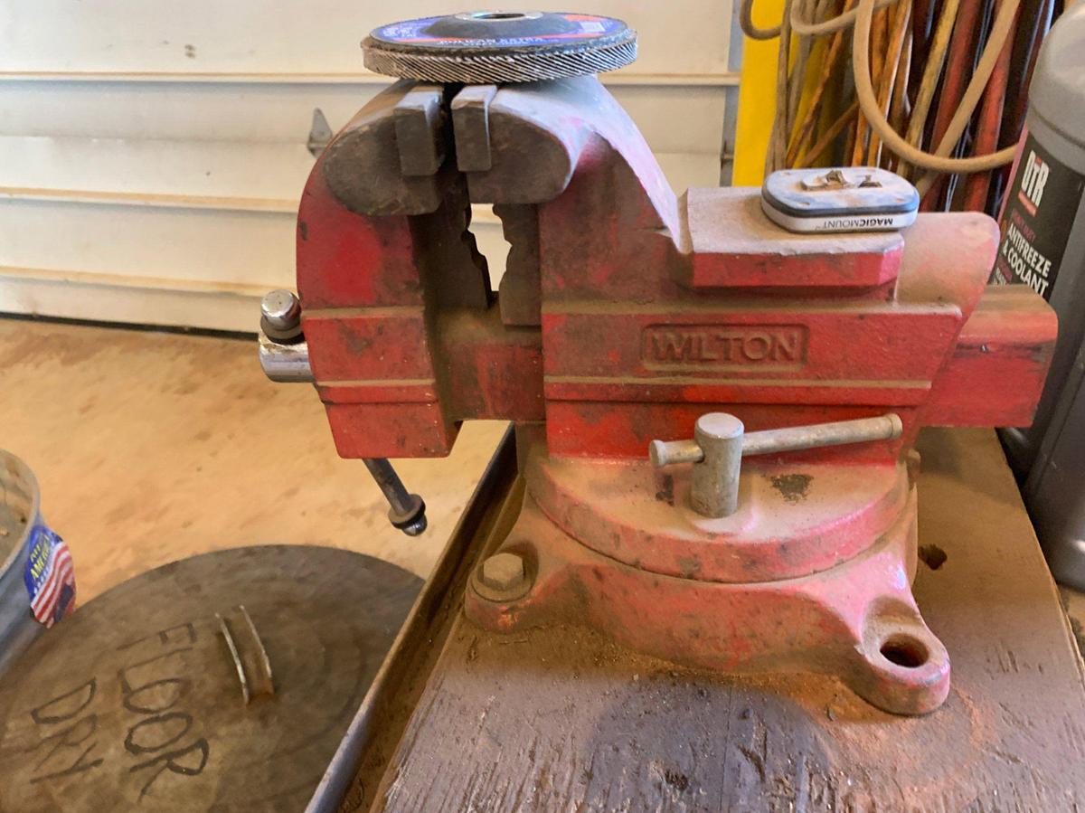 Used 7’ x 3’ x 2’ Shop Table w/ Wilton Vice and Milwaukee 12” Chop Saw and all its Contents