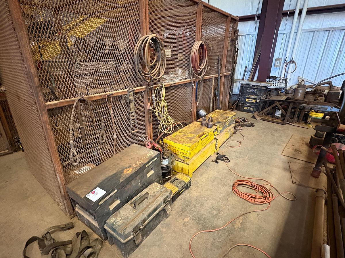 Used Lot w/ (3) job boxes w/ contents, trailer hitches, air & hydraulic hoses, safety harnesses, ladders, etc.