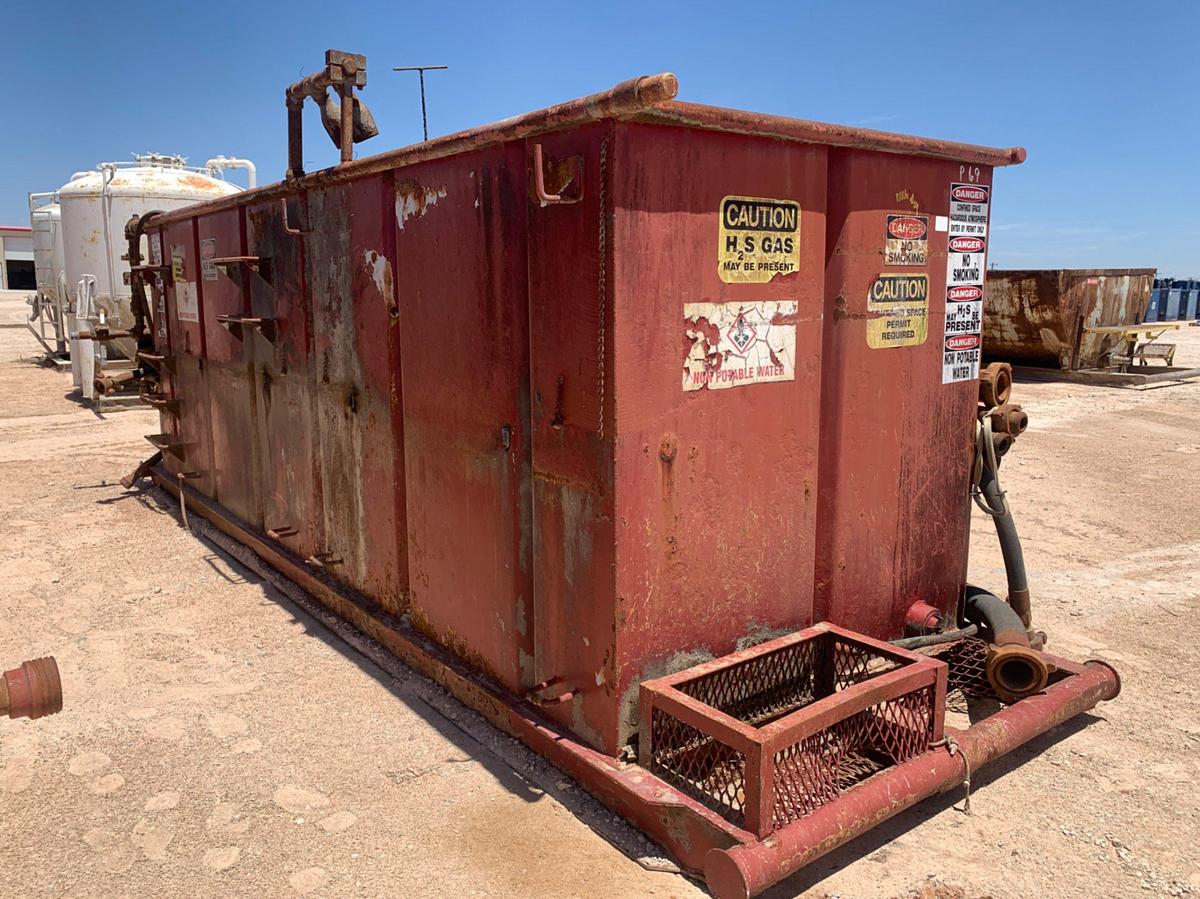 Used 21’ L x 9’ W x 8’ T 115 Bbl Open Top Skidded Tank w/ 2 Compartments