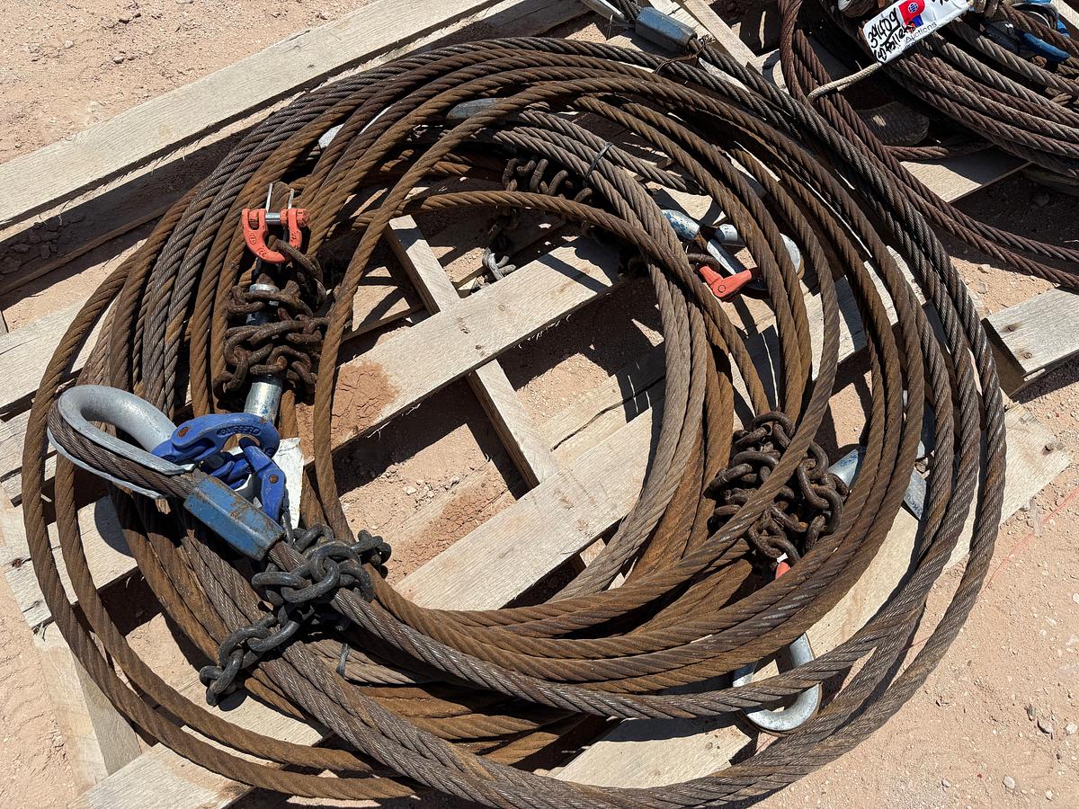 Used (4) PALLETS OF 5/8” x 50’ WIRE ROPE SLINGS W/ SWIVEL HOOKS
