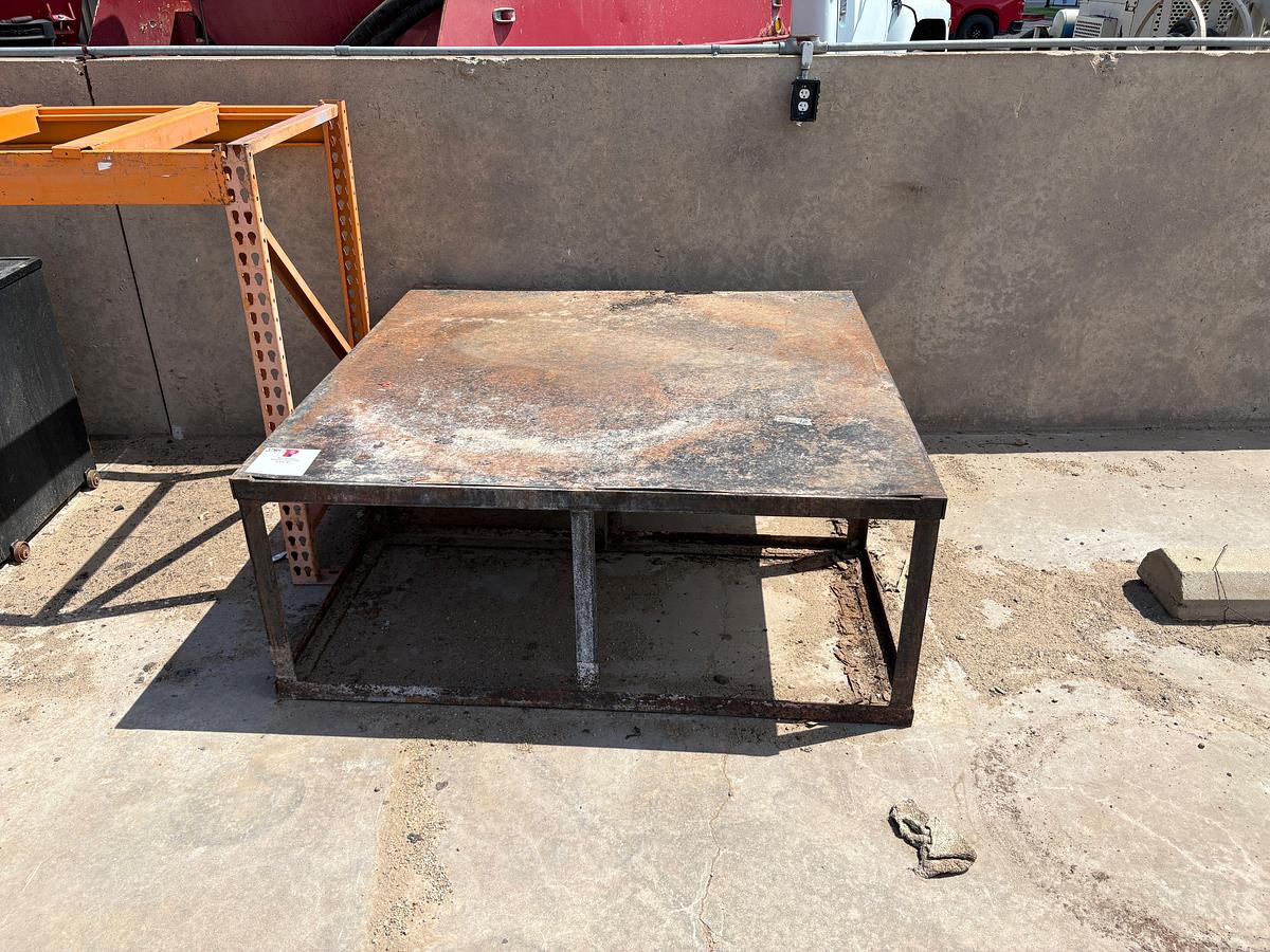 Used 5’ x 5’ x 2’ shop table, 8’ x 3’ x 4’ shelf, & 7’ x 3’ rolling cart