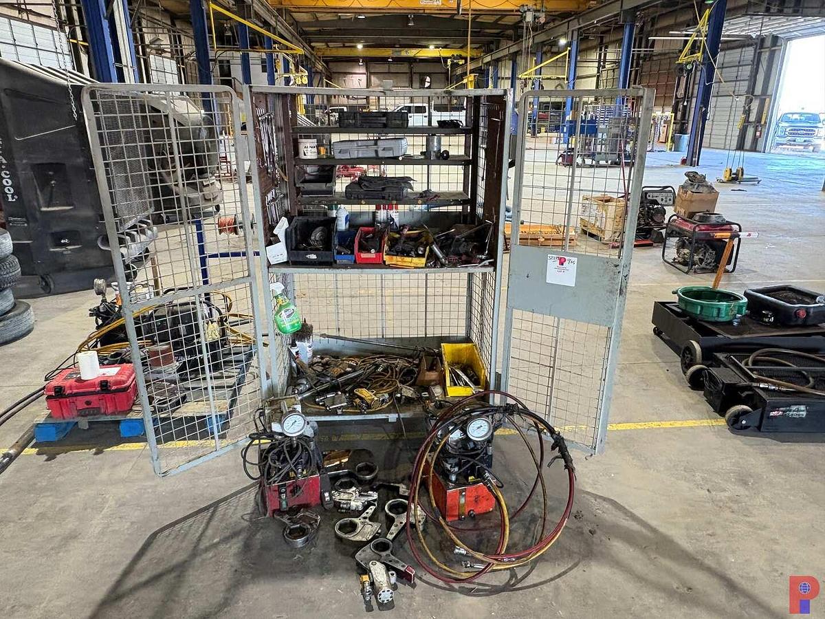 Used 3.5’ X 2.5’ X 6’ ROLLING STORAGE CABINET W/ (2) 10K HYDRAULIC PUMPS, HYDRAULIC TORQUE WRENCHES, POWER & HAND TOOLS