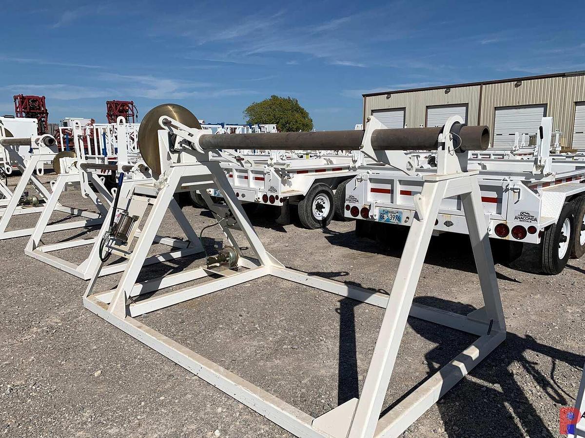 Used 94”W X 5’H REEL STAND W/ 28” DUAL CALIPER HYDRAULIC HAND BRAKE