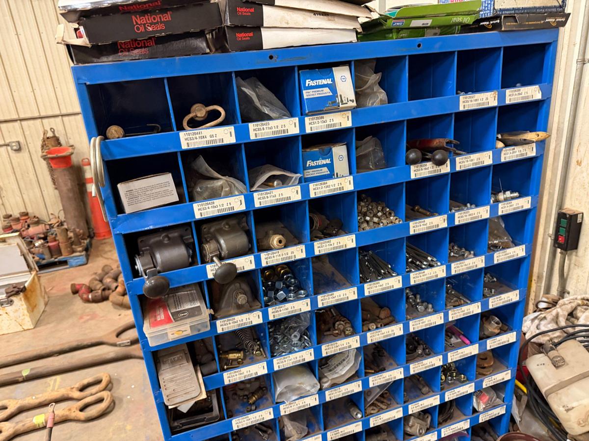 Used Heavy duty Work Bench, Drill Press & Bolt Bin w/ Contents