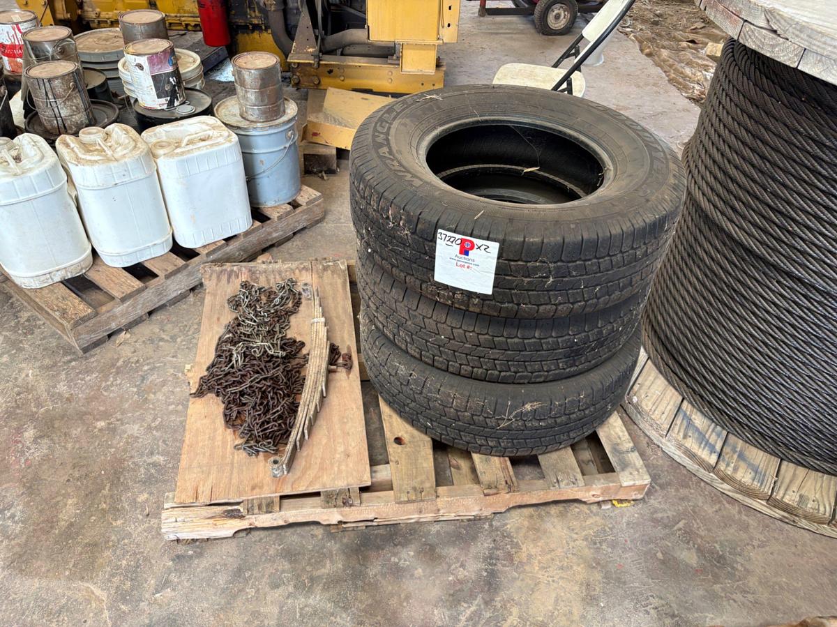 Used (2 pallets) assorted manual tong parts, slip handles, slip dies, (3) Goodyear P265/70R17 tires, etc
