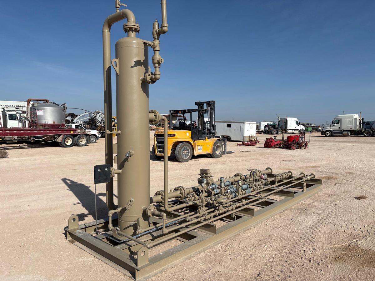 Used Edge industries 18”od x 7’6”H s/s vertical separator w/ manifold mtd on 20’ x 6’ skid