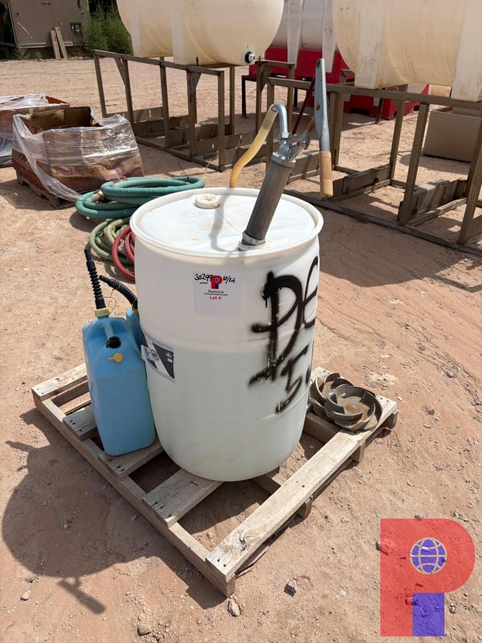 Used DRUM OF MUSKET DIESEL EXHAUST FLUID W/ TRANSFER PUMP & (3) 5-GALLON CANS
