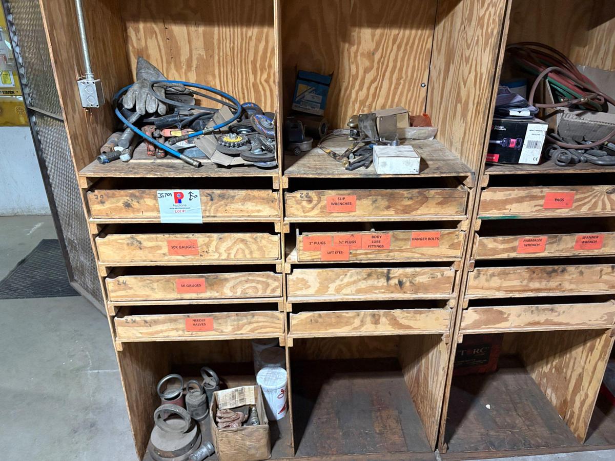 Used (6) shelves of assorted shop tools & valve parts