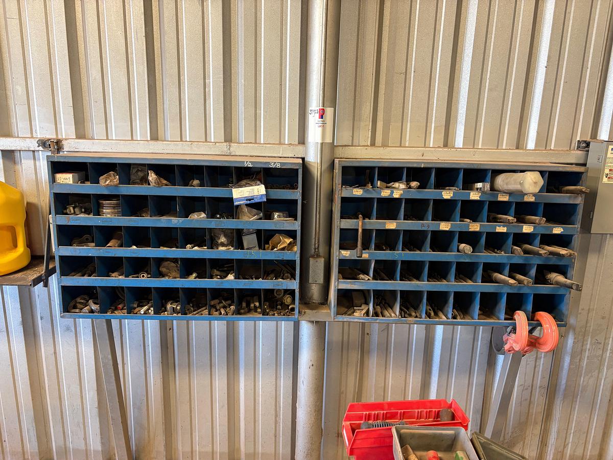 Used 37” x 26” x 34” table w/ assorted drill press chucks, drill bits, tap & dies, & assorted bolts