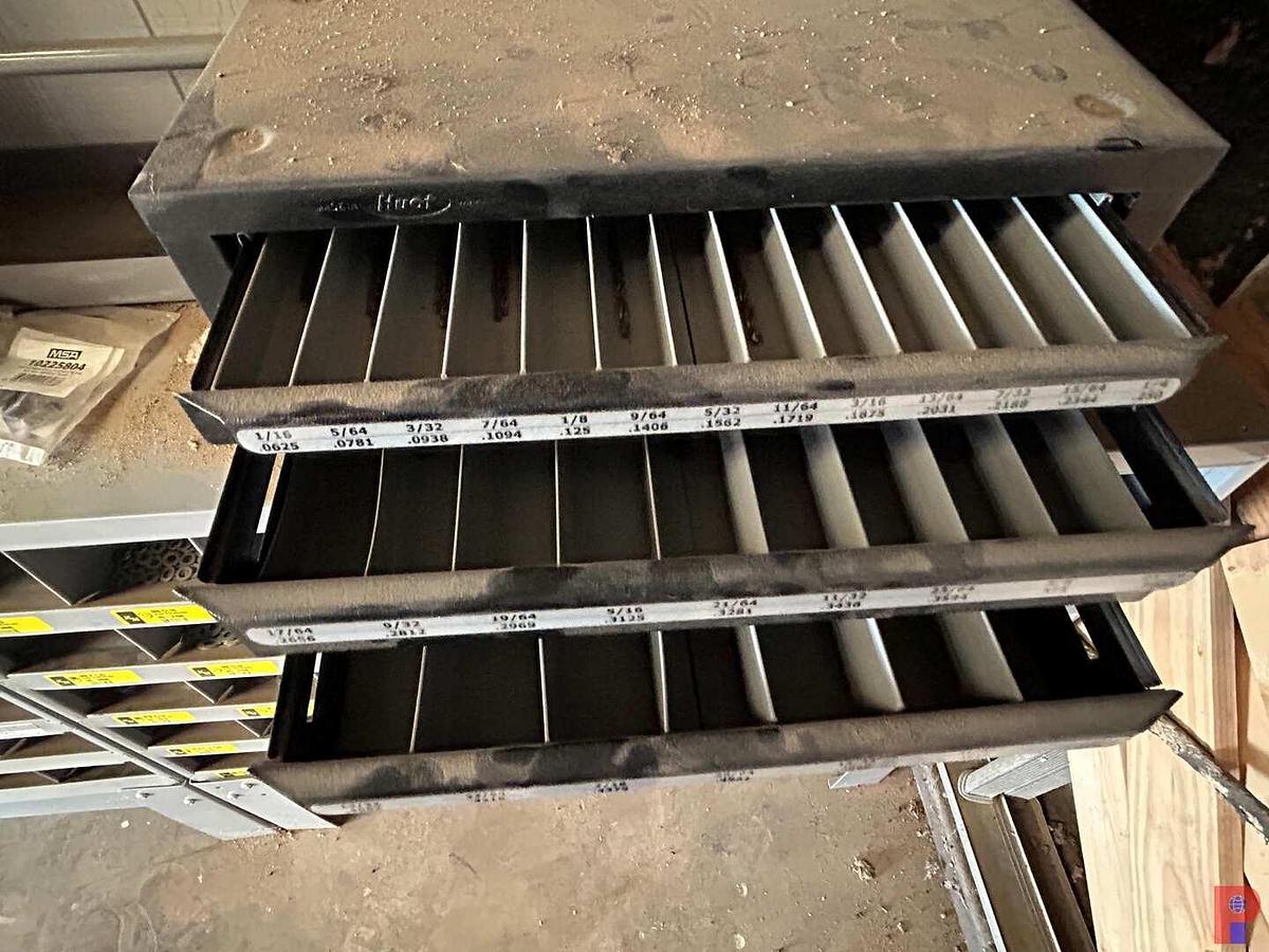 Used KIMBALL MIDWEST 2-DOOR CABINET, (2) 5-ROW FITTING BINS , WIRE SPOOL RACK, PEG BOARD, HOSE CLAMP RACK, BITS, W/ CONTENT (SEE PICS