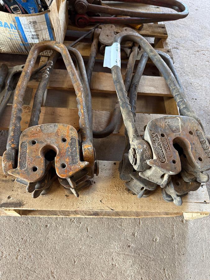 Used (2) PALLETS W/ (4 SETS)-OBANNON ROD ELEVATORS, ALLEN WRENCHES, 50’ TAPE MEAS., SOCKETS, HAND TOOLS, C-CLAMPS