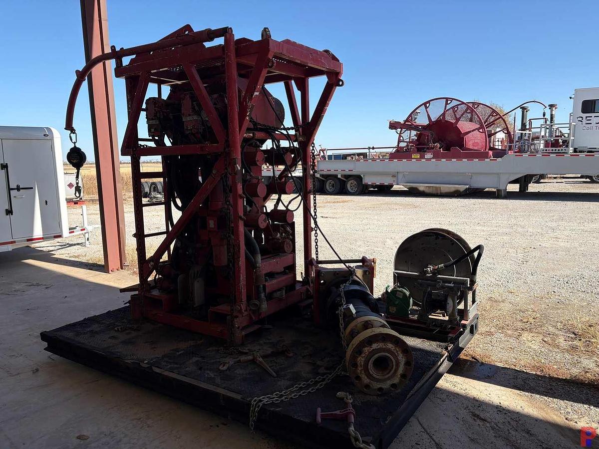 Used HYDRA RIG HR680 INJECTOR STRIPPER & PACKOFF, HOSE REEL & PUMP ON 11’ X 8’ HD SKID