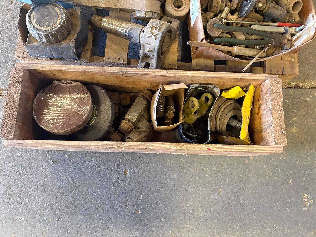 Used Pallet of assorted hose fittings, hex nuts, bower bearings, pillow block bearing, files, etc.