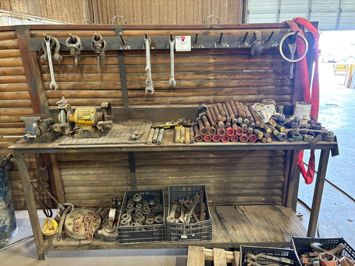 Used 8’ x 2’ x 3.5’ metal workbench w/ contents