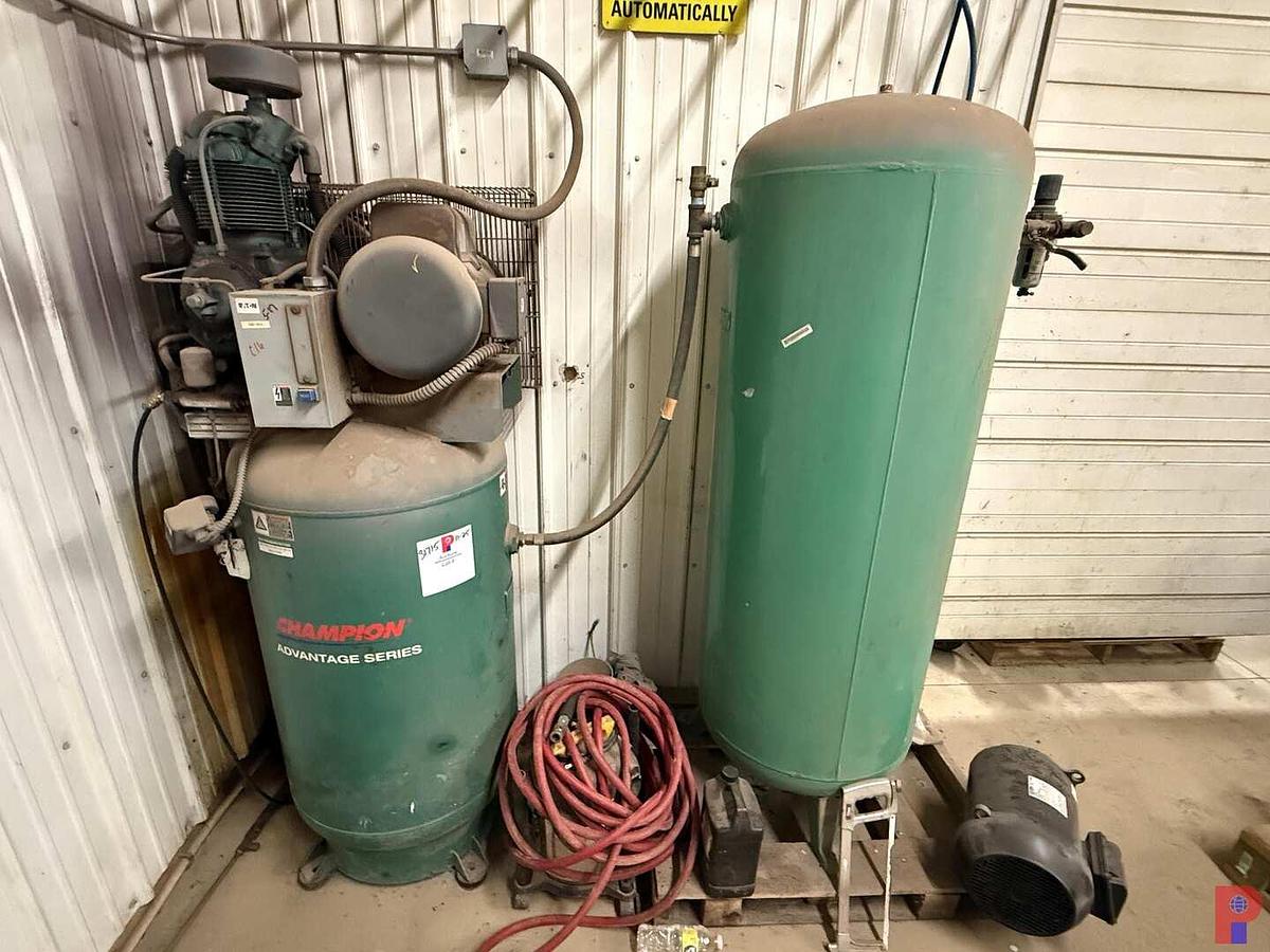Used CHAMPION VR7F-8 7.5HP/230V/1PH 80 GALLON AIR COMPRESSOR W/ EXTRA SUPPLY TANK & UNUSED ELECTRIC MOTOR