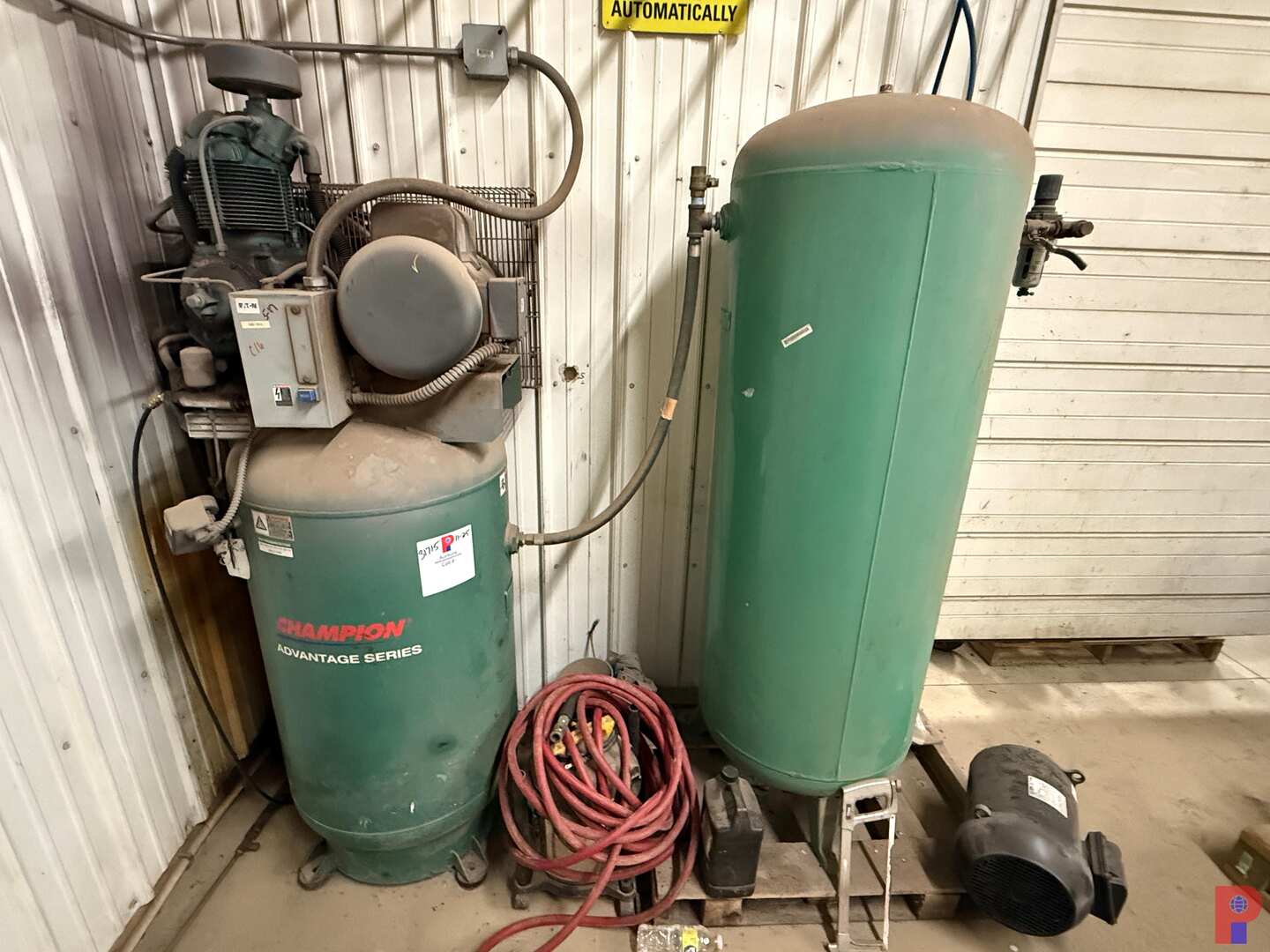 Used CHAMPION VR7F-8 7.5HP/230V/1PH 80 GALLON AIR COMPRESSOR W/ EXTRA SUPPLY TANK & UNUSED ELECTRIC MOTOR