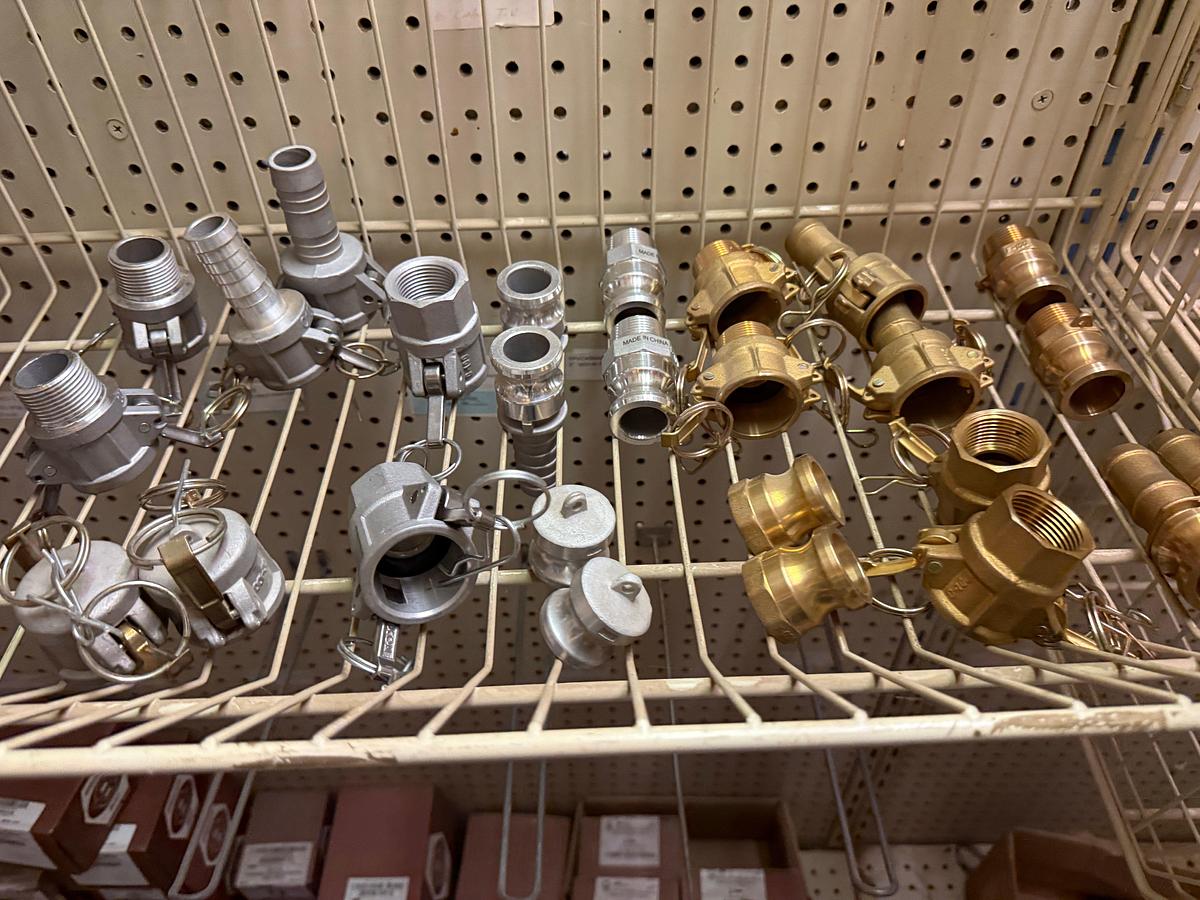 Used 2-WIRE BINS OF 1” THRU 2” PVC, ALUM, BRASS CAMLOCK FITTINGS & VALVES