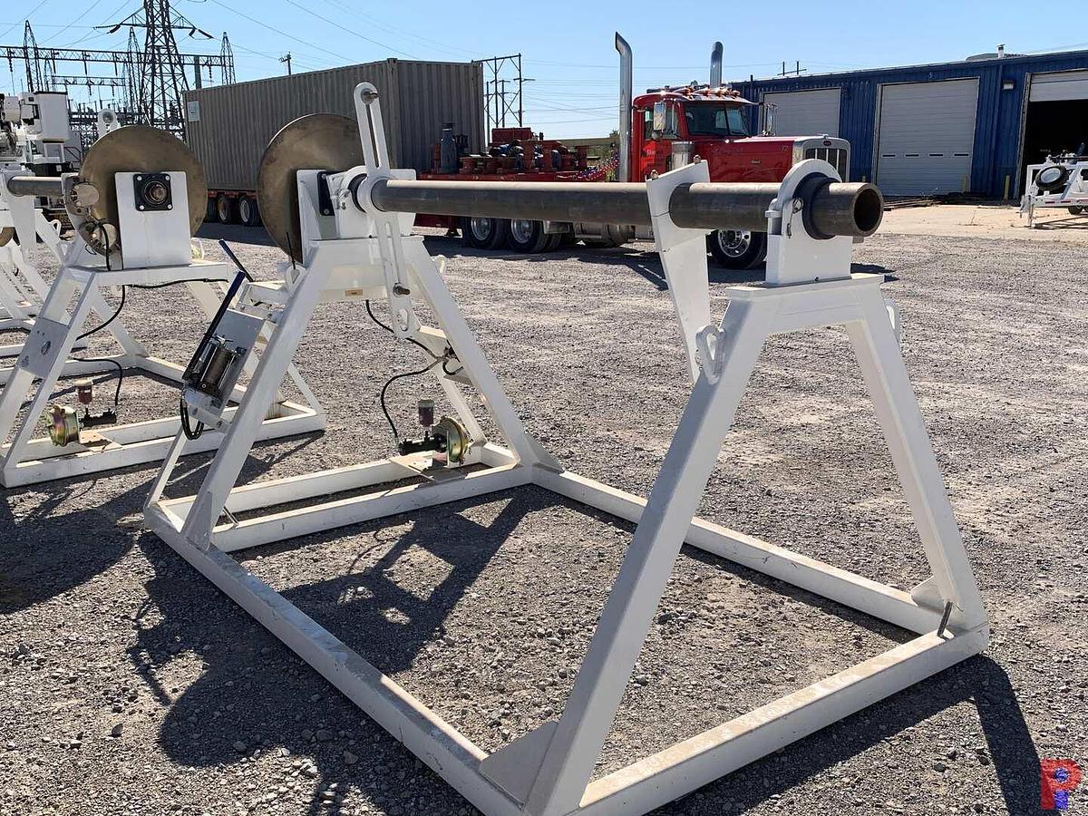 Used 94”W X 5’H REEL STAND W/ 28” DUAL CALIPER HYDRAULIC HAND BRAKE
