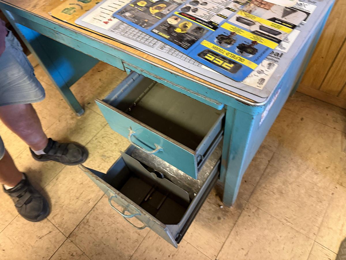 Used 3’x3’x3’ METAL DESK W/ DRAWERS & BOX W/ CONTENTS