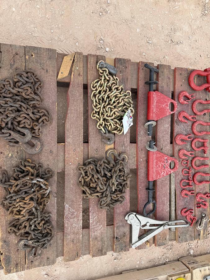 Used PALLET W/ 4-CHAINS W/ HOOKS, 1-KLIEN CABLE PULLER, 2-PIN TYPE WELD HIMGES, 11-CHAIN HOOKS, 9-D-RINGS