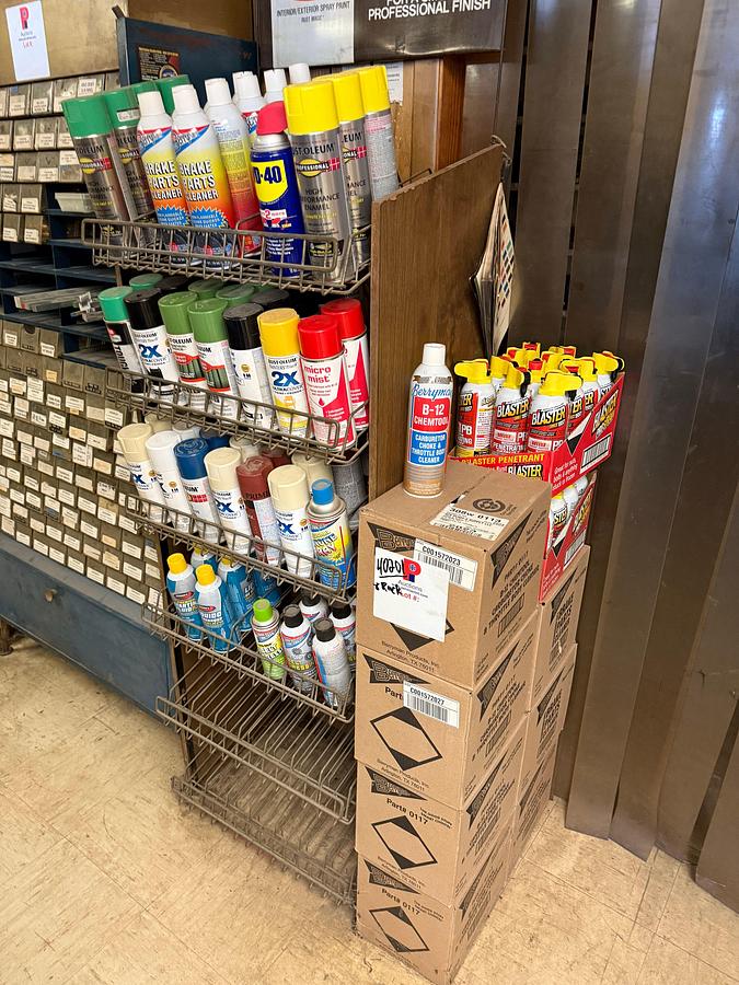 Used LOT W/ (5) CASES OF BERRYMAN B-12, (2) CASES BLASTER PROSRTAN, BRAKE PARTS CLEANER, & RACK OF LUBRICANTS