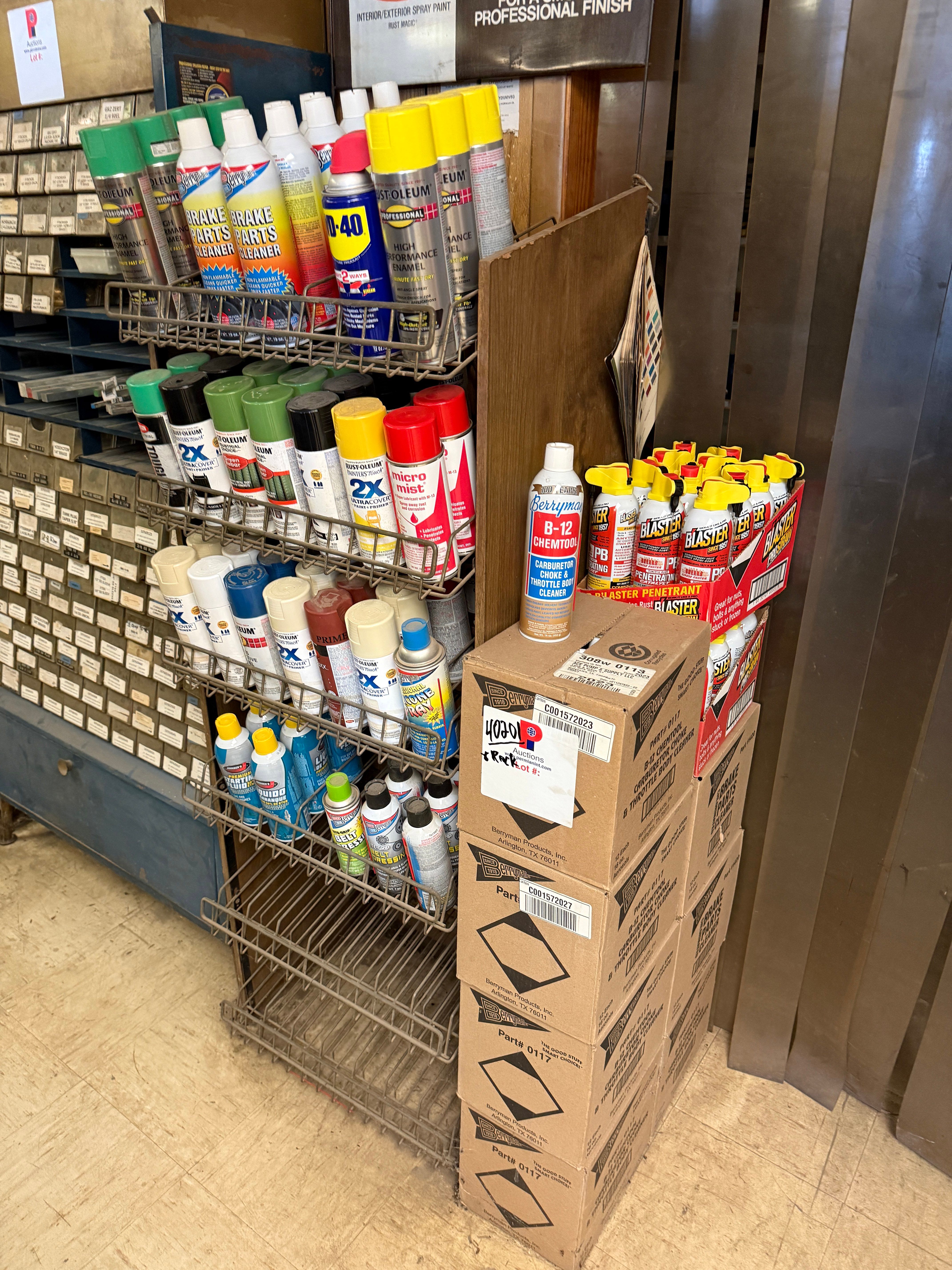 Used LOT W/ (5) CASES OF BERRYMAN B-12, (2) CASES BLASTER PROSRTAN, BRAKE PARTS CLEANER, & RACK OF LUBRICANTS