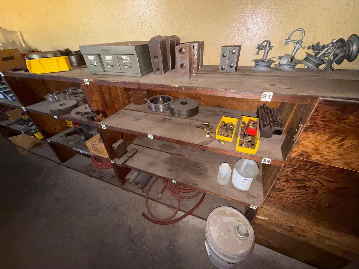 Used 16’x2’x4’ 3-ROW WOOD SHELF W/ CONTENTS OF TAPS, CHUCKS, CUTTING TOOLS, & RELATED