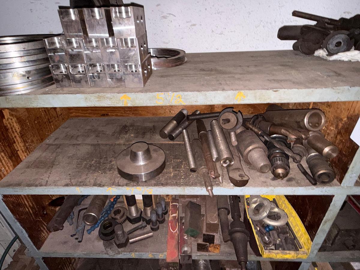 Used 8’x2’x4’ 3-ROW WOOD SHELF W/ CONTENTS OF CUTTING TOOLS, DRILL BITS & CHUCKS, MACHINING RELATED ADAPTERS