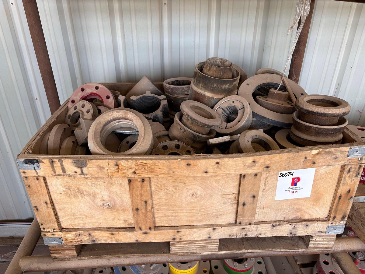 Used Pallet w/ Larkin stripper heads & crate of assorted rubber goods