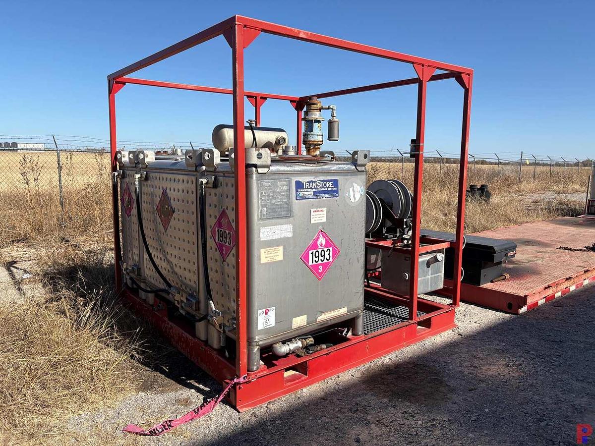 Used 8’ X 8’ HD SKID W/ (3) TRANSTORE STAINLESS STEEL TOTES & HOSE REELS