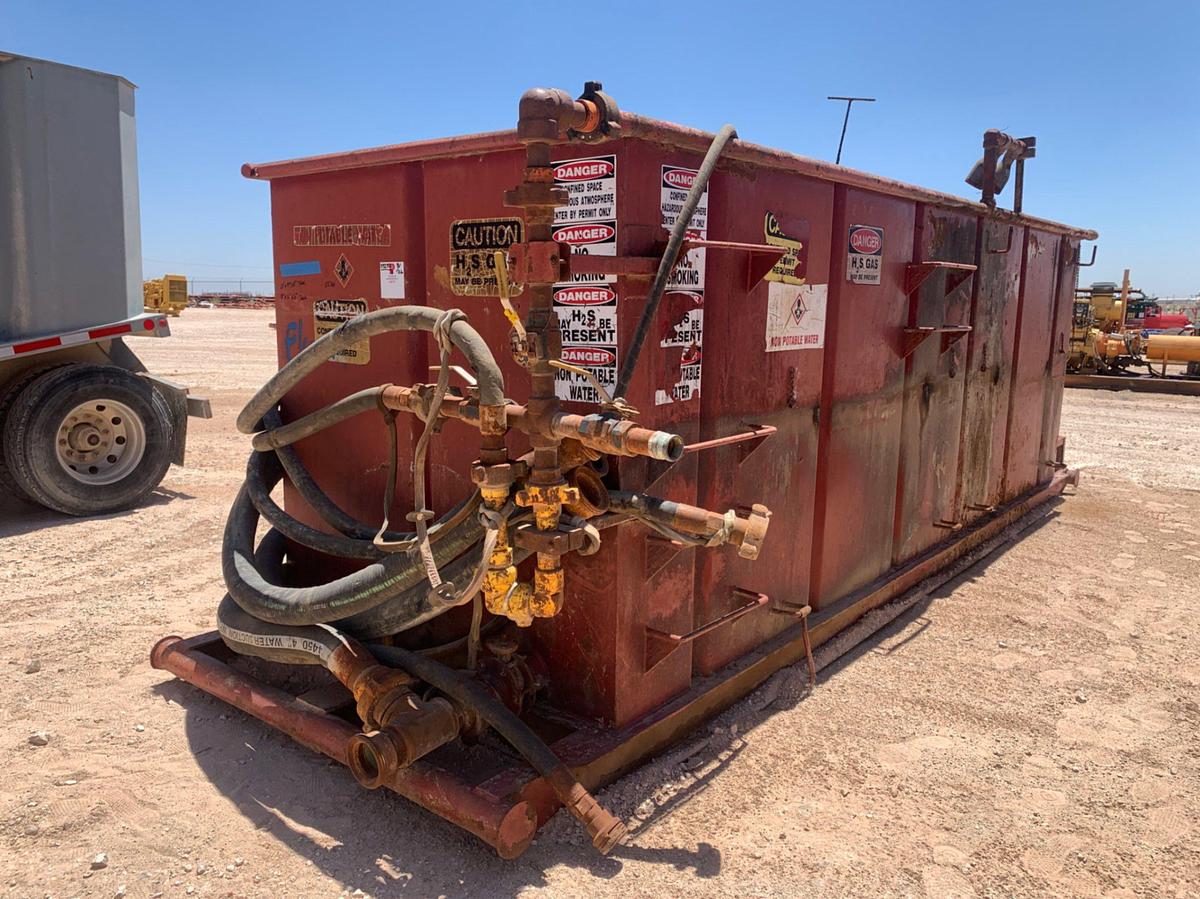 Used 21’ L x 9’ W x 8’ T 115 Bbl Open Top Skidded Tank w/ 2 Compartments