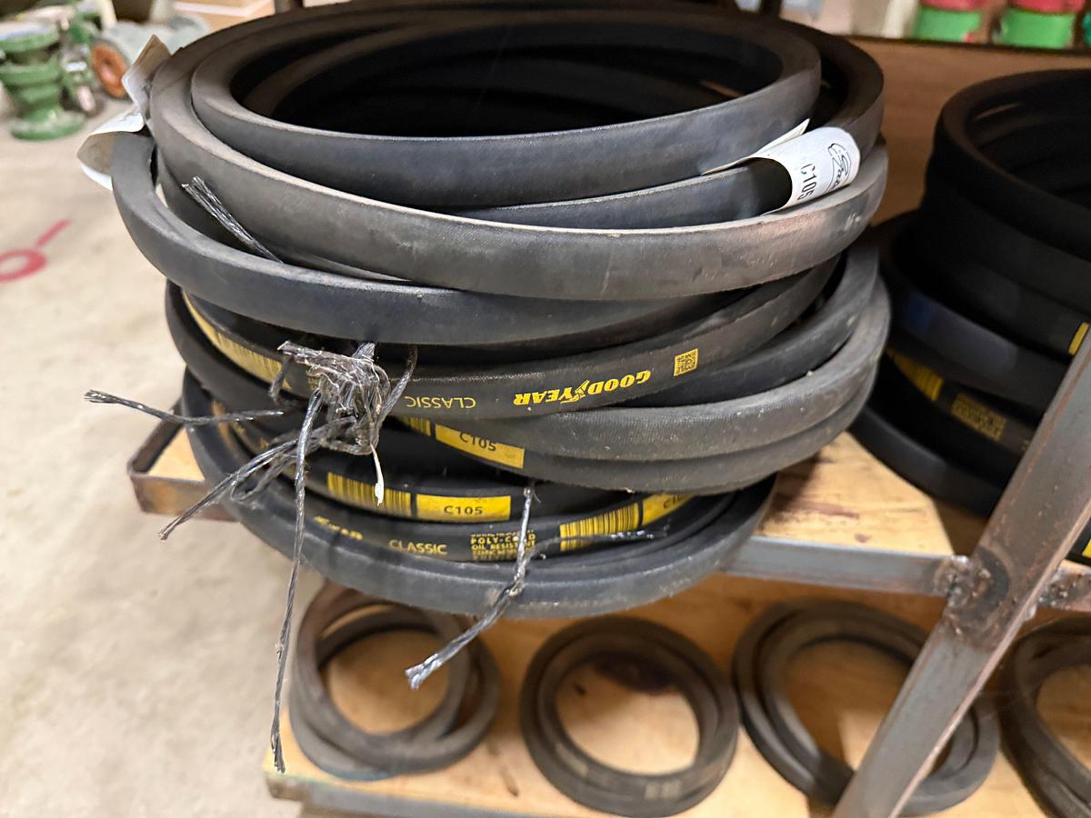 Used SECTION OF (100+) MOSTLY GOODYEAR C,D,& B-SECTION V-BELTS & (4) POWERBAND V-BELTS, SIZE RANGE C60 THRU C206 & D-210