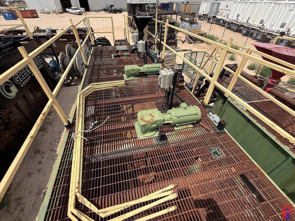 Used 30’L X 8’ W X 5.8’ 3-COMPARTMENT 180 BBL. MIXING TANK P/B (2) 75 HP ELECTRIC MOTORS