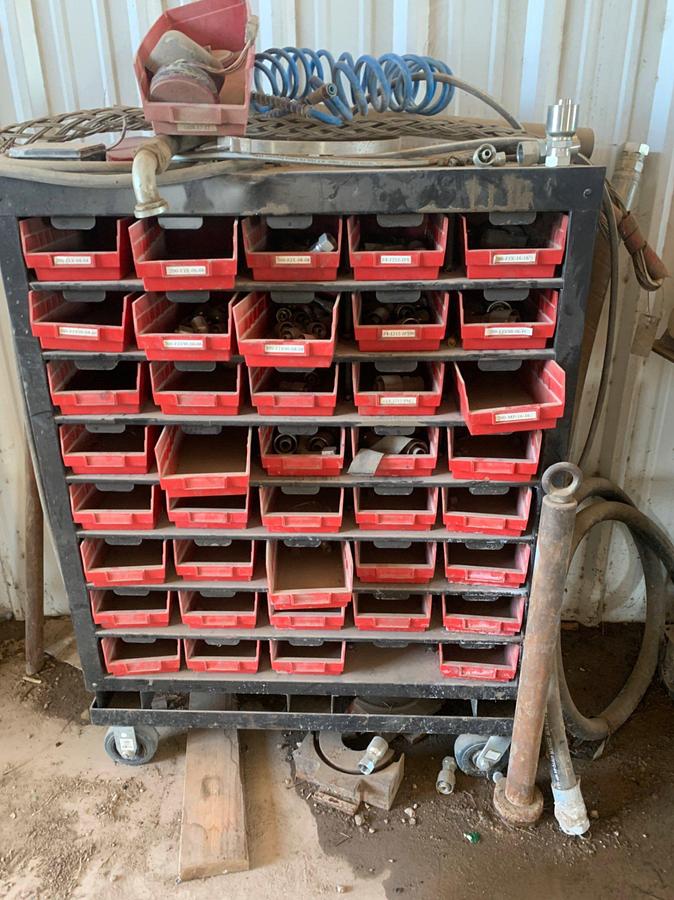 Used Schneider Electric OP Crimper Machine w/ (2) 8 Row Roll Around Bins and Hydraulic Fittings