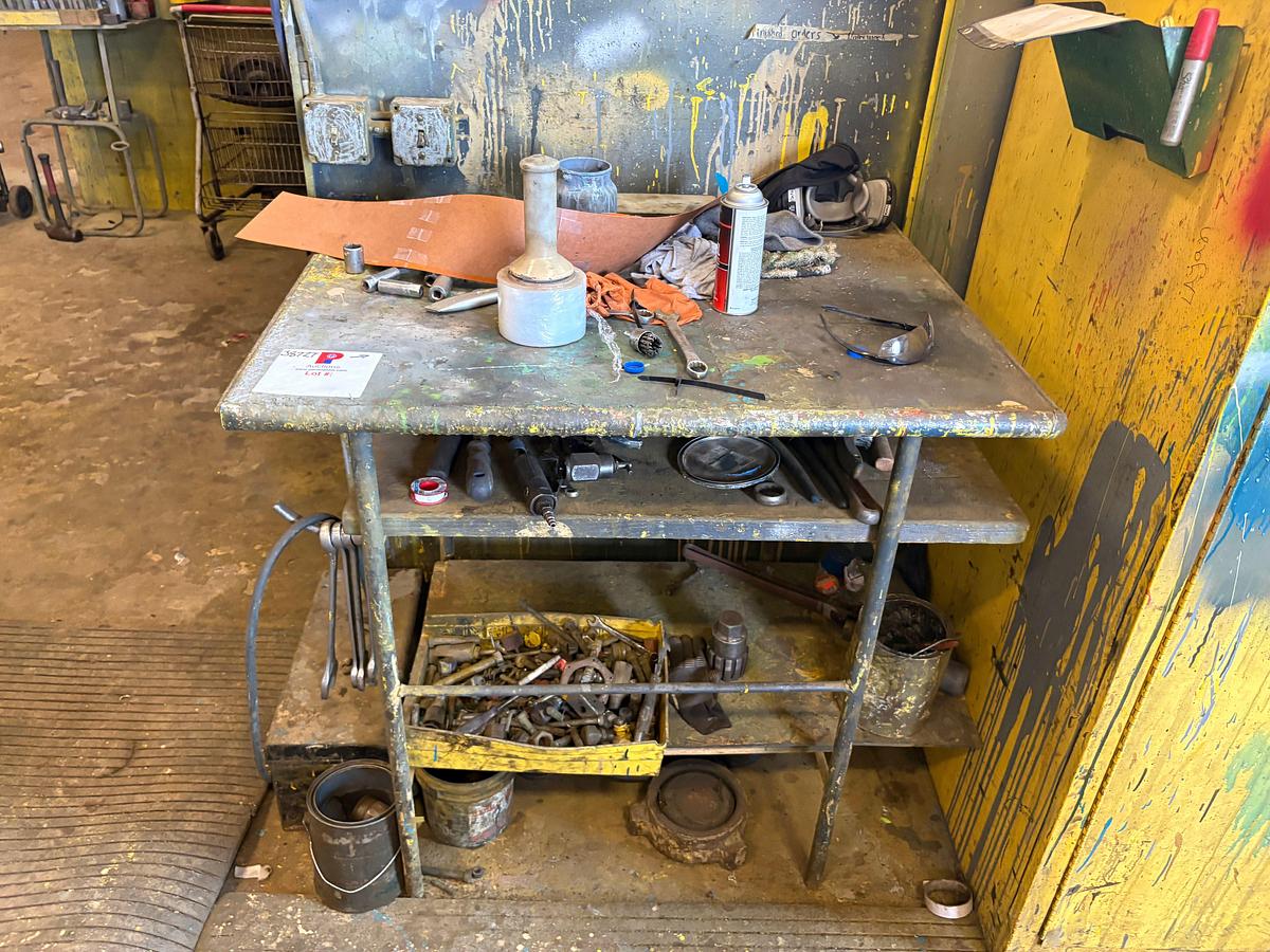 Used 40” x 32” x 40” shop table & (2) paint storage cabinets w/ contents