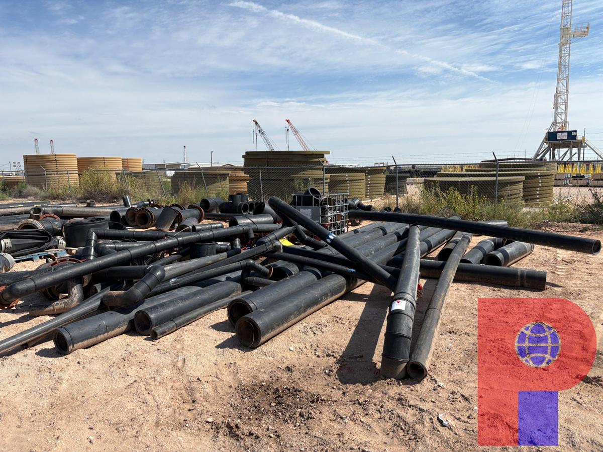 Used LARGE ASSORTMENT OF 5” - 14”DIA POLY PIPE CUT OFFS AND FITTINGS & 12” LAYFLAT HOSE