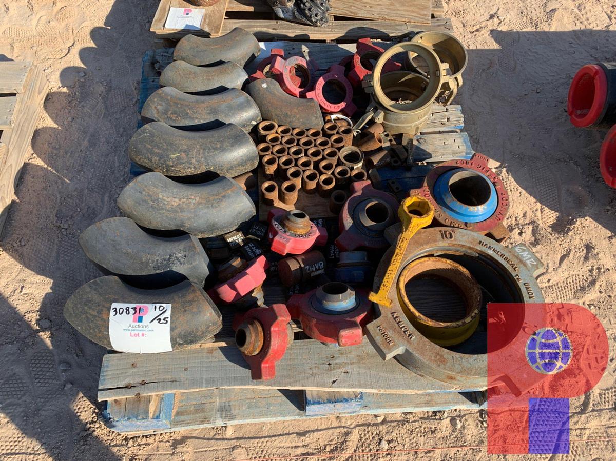 Used PALLET OF 4” 90’S, 1” COUPLINGS, 10” HAMMERSEAL, HOSE COUPLERS, 1002 HAMMER UNIONS