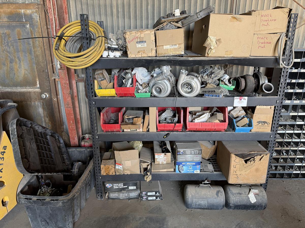 Used 77”L X 24”W X 78”H 4-SHELF RACK W/ ENGINE PARTS & RELATED