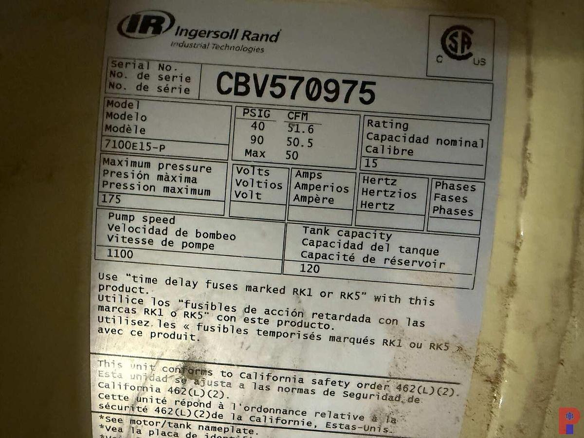 Used INGERSOLL RAND 7100E15-P 15HP/3PH/230V 120 GALLON SHOP AIR COMPRESSOR