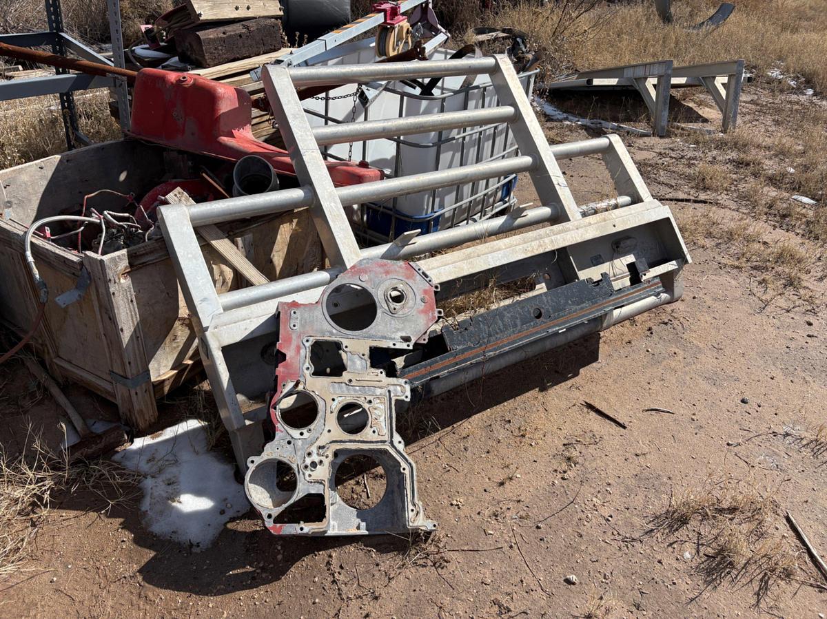 Used Lot of shelving units, tool storage table, grill guard, assorted engine parts, etc