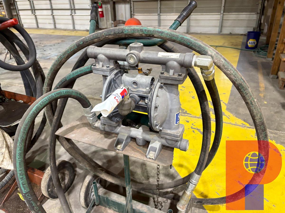 Used (2) GRACO PORTABLE DIAPHRAGM PUMPS W/ SUCTION HOSE & 2-WHEEL DOLLY