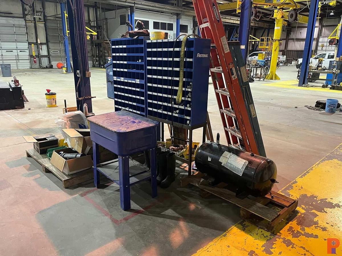 Used LOT OF ASSORTED HAND TOOLS, SHOP TOOLS, BOLT BINS, SHOP VACS ETC.