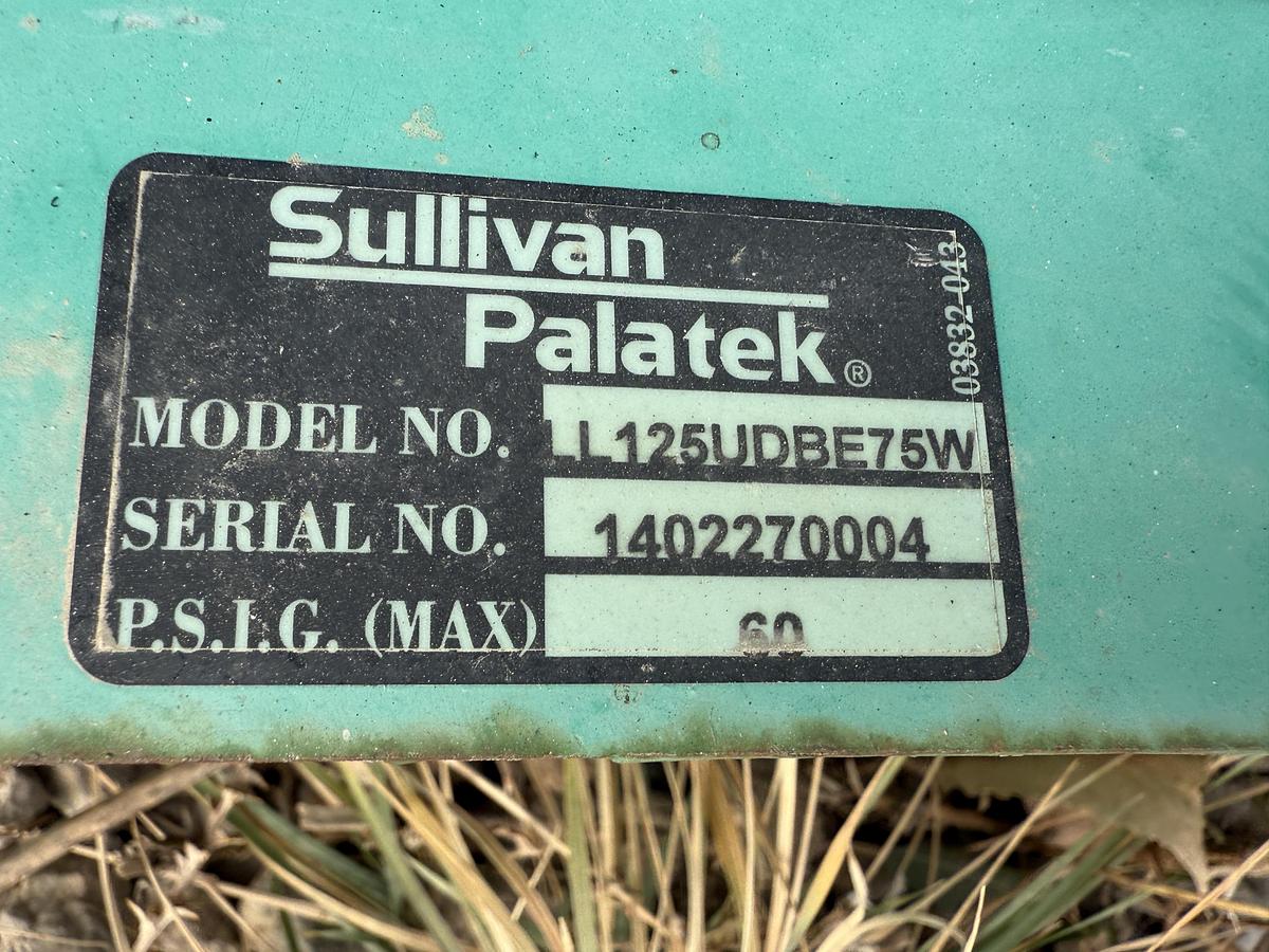 Used SULLIVAN PALATEK LL125UD 625 CFM 150 PSI ROTARY SCREW AIR COMPRESSOR UNIT, SKIDDED P/B 125 HP ELEC. MOTOR