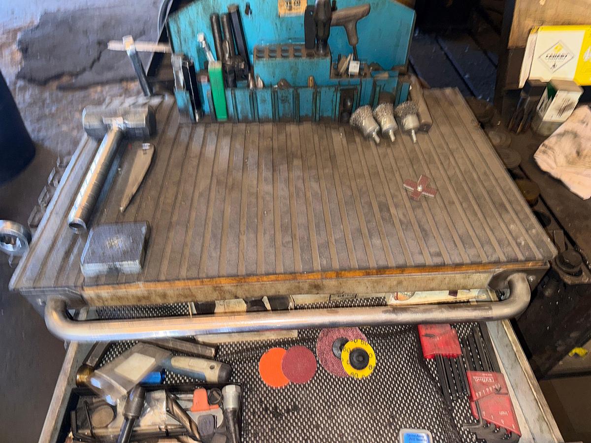Used SECTION OF (4) TOOL RACK/ TABLES / ROLLING / CART W/ CONTENTS OF RADIAL ARM DRILL PRESS TOOLING & RELATED